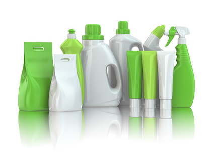 Cleaning supplies. Household chemical detergent bottles on white isolated background.